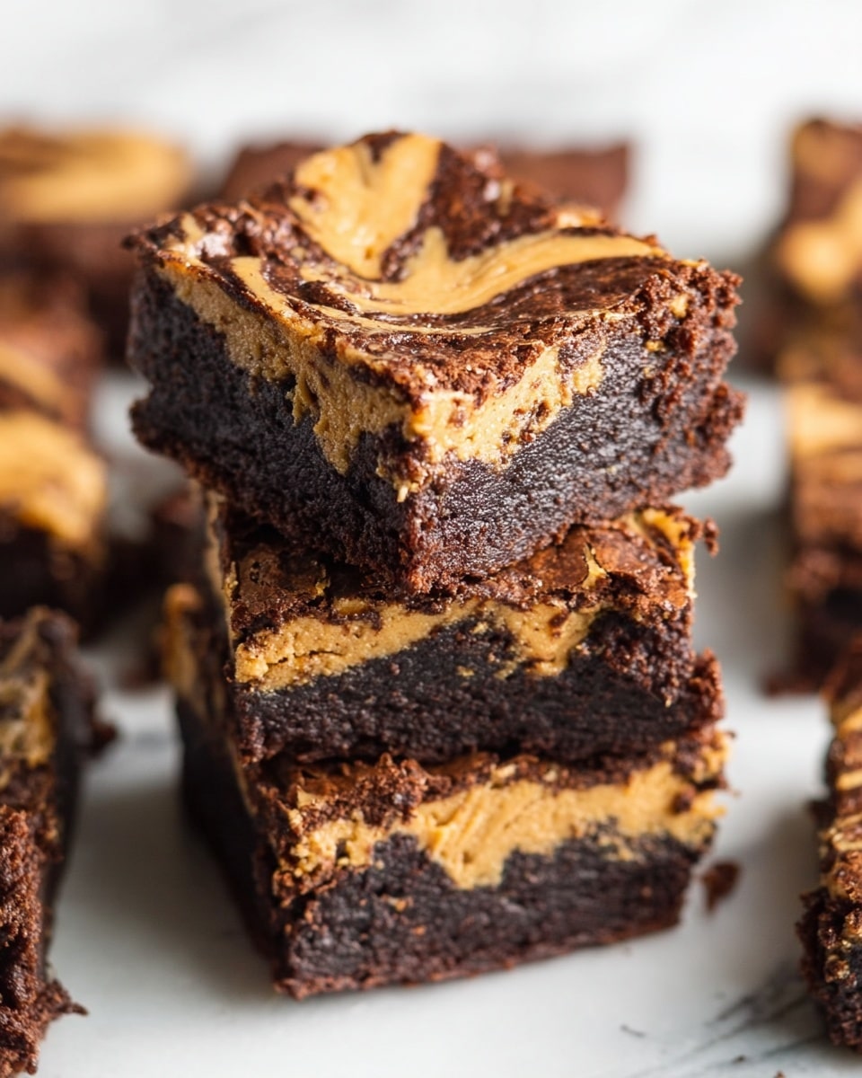 The image shows a stack of three thick square brownies on a white marbled surface. Each brownie has two layers: the bottom layer is dark brown with a dense and moist texture, while the top layer has a marbled swirl of light golden peanut butter mixed softly into the dark chocolate. The top surfaces of the brownies have a slightly shiny and cracked look, emphasizing their rich texture. The blurred background shows more brownies, maintaining focus on the stacked pieces. photo taken with an iphone --ar 4:5 --v 7