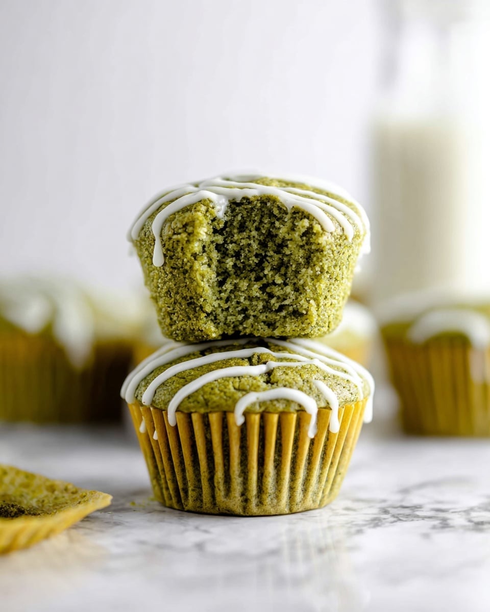 The image shows two green muffins stacked on top of each other on a white marbled surface. The bottom muffin is partly unwrapped from its yellowish liner, and both muffins have a soft, moist texture with a slightly rough top surface. White icing drizzle decorates the tops of both muffins in a few curved lines. In the blurred background, there are other green muffins, also topped with white icing and still in their yellowish liners. A glass bottle with milk is faintly visible in the background as well. Photo taken with an iphone --ar 4:5 --v 7