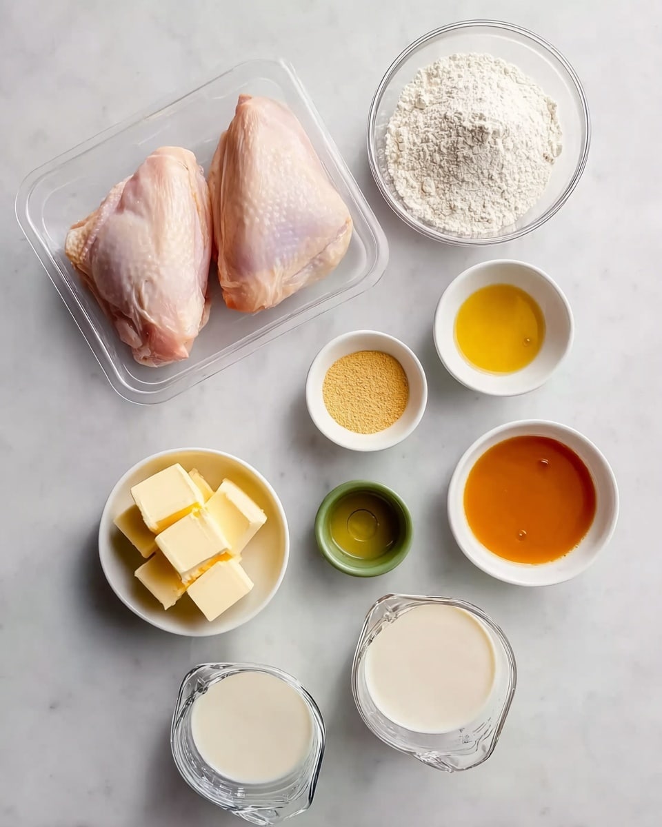 A white marbled surface holds neatly arranged cooking ingredients: in the top center is a clear plastic tray with two raw chicken parts showing soft pink color and smooth texture. Below and around it, nine small white bowls and containers display separate ingredients: a bowl with white flour on the right, a small orange bowl with a beige powder, a small white bowl with light brown liquid, a small white bowl with yellowish oil, a small green bowl with yellow mustard, a small olive green bowl with two pale yellow butter cubes, and two clear measuring cups at the bottom containing white milk and light brown broth. Everything is clean and evenly spaced, giving a simple and fresh look. photo taken with an iphone --ar 4:5 --v 7