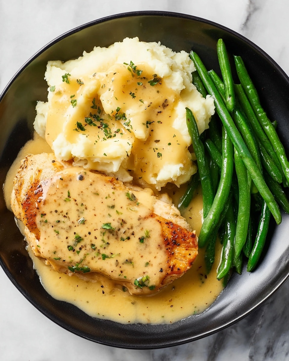 A black plate holds three sections of food arranged side by side on a white marbled surface: on the left is a heap of creamy mashed potatoes with a light yellow gravy sauce drizzled over it, sprinkled with small green herb pieces and some black pepper; in the middle and stretching slightly underneath is a piece of golden brown chicken covered in the same smooth yellow gravy with scattered green herbs; on the right are several bright green cooked green beans neatly stacked in a small pile. The entire dish looks warm and appetizing with the sauce glistening over the chicken and potatoes. Photo taken with an iphone --ar 4:5 --v 7