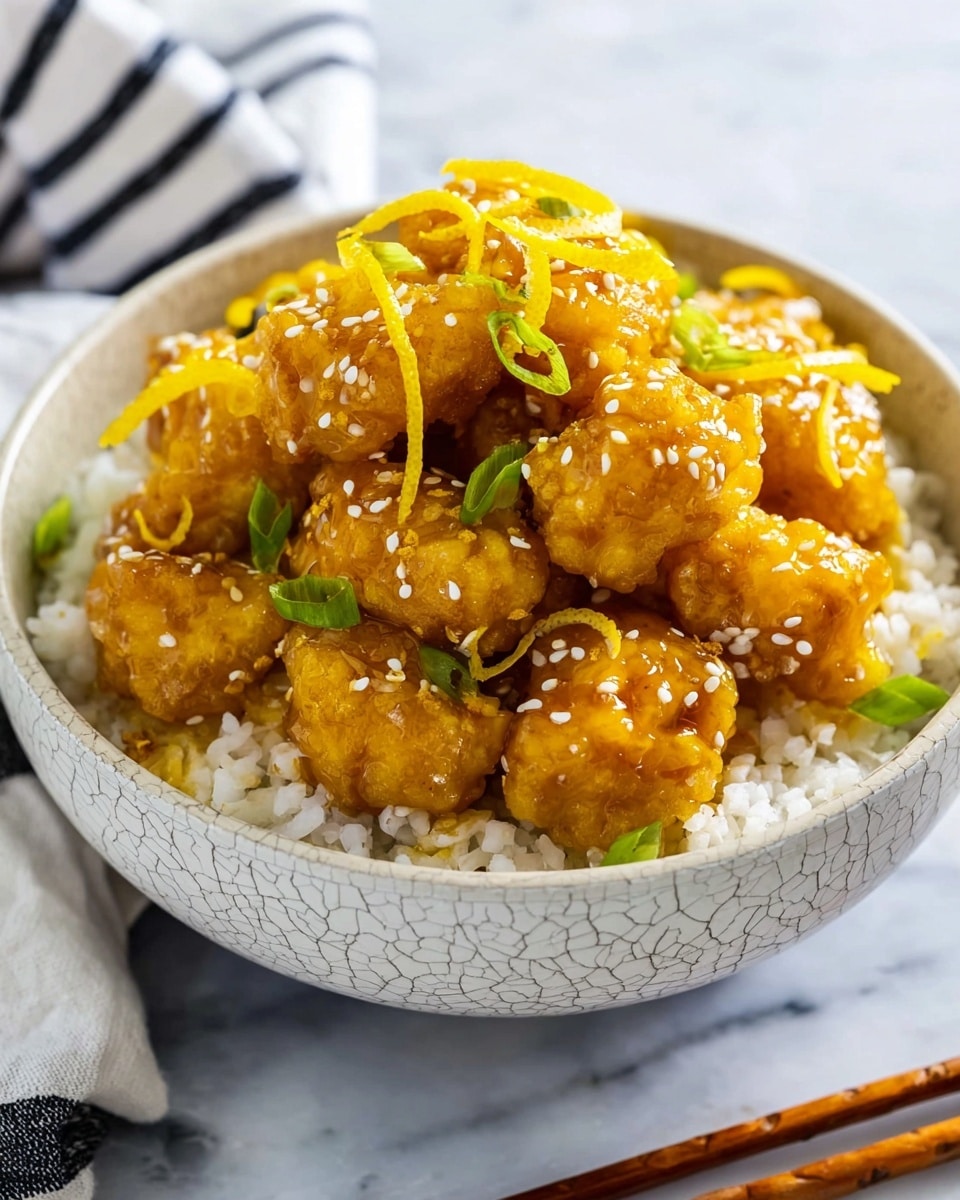 A bowl filled with a base layer of fluffy white rice, topped with a pile of golden fried chicken pieces coated in a shiny yellow-orange sauce. The chicken is sprinkled with white sesame seeds and small green onion slices, along with thin curly strips of lemon peel that add bright yellow accents. The bowl itself is white with a fine crackled pattern, placed on a white marbled surface with a pair of wooden chopsticks laying beside it and a white and black striped cloth in the background. Photo taken with an iphone --ar 4:5 --v 7