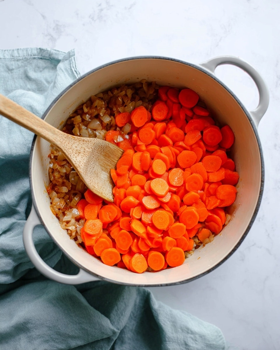 Inside a white pot with silver handles, there are two layers of food: the bottom layer is made of small, cooked onion pieces that are light brown and soft, while the top layer consists of bright orange, sliced round carrots that look fresh and raw. A wooden spoon rests on top of the carrot slices inside the pot. The pot is placed on a white marbled surface, and a light blue cloth is casually spread in the background. Photo taken with an iphone --ar 4:5 --v 7