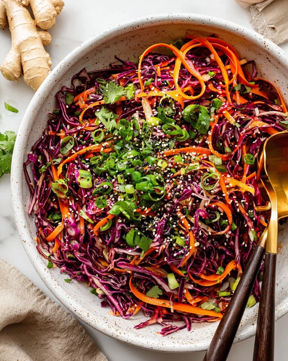 A large white speckled bowl holds a fresh salad with two main layers: shredded deep purple cabbage and thin, bright orange carrot strips mixed evenly throughout. On top is a layer of scattered green herbs, including cilantro leaves and sliced green onions surrounded by a sprinkling of black and white sesame seeds. Two golden salad serving utensils with dark wooden handles rest inside the bowl on one side. The bowl sits on a white marbled surface with pieces of ginger and garlic cloves partially visible in the background. Photo taken with an iphone --ar 4:5 --v 7