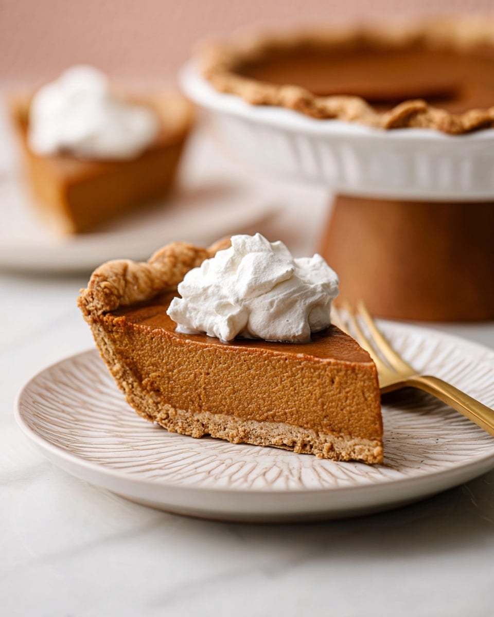 A slice of pumpkin pie with two layers is shown on a white plate with a subtle pattern; the bottom layer is a firm, light brown crust with a crumbly texture, and the top layer is a smooth, dense pumpkin filling in a warm orange-brown color. On top of the filling sits a small, soft white dollop of whipped cream. Behind this slice, there is a blurred view of the rest of the pie in a white dish on a wooden stand and another white plate with a similar slice topped with more whipped cream. A golden fork lies next to the slice on the plate. The setting is on a white marbled texture surface. photo taken with an iphone --ar 4:5 --v 7