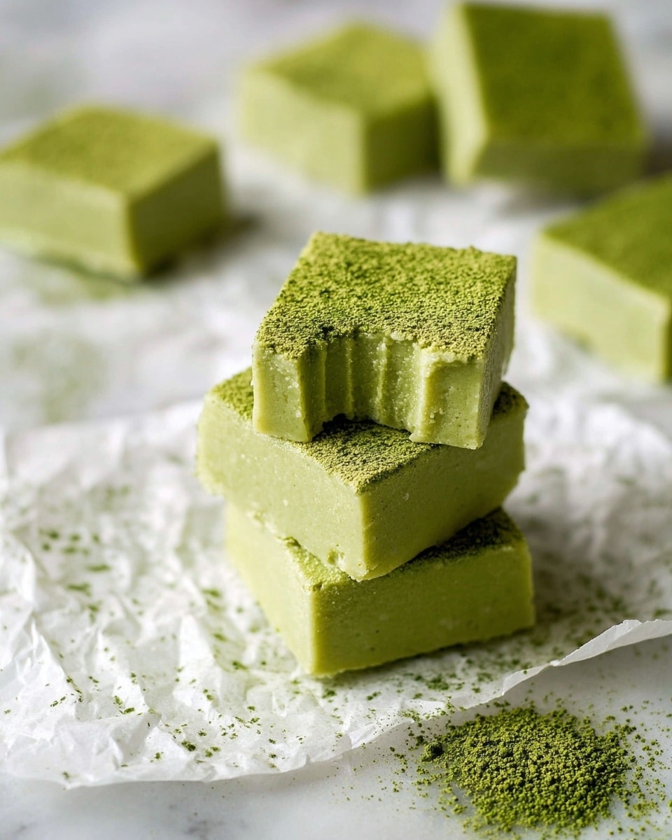 The image shows a stack of three square pieces of light green matcha fudge sitting on white crumpled paper with matcha powder sprinkled around. The top piece has a bite taken out, revealing a creamy texture inside. Each fudge layer has a smooth surface with a dusting of fine darker green powder on top. In the background, more squares are scattered, resting flat on the same white crumpled paper and the whole scene is set on a white marbled texture surface. Photo taken with an iphone --ar 4:5 --v 7