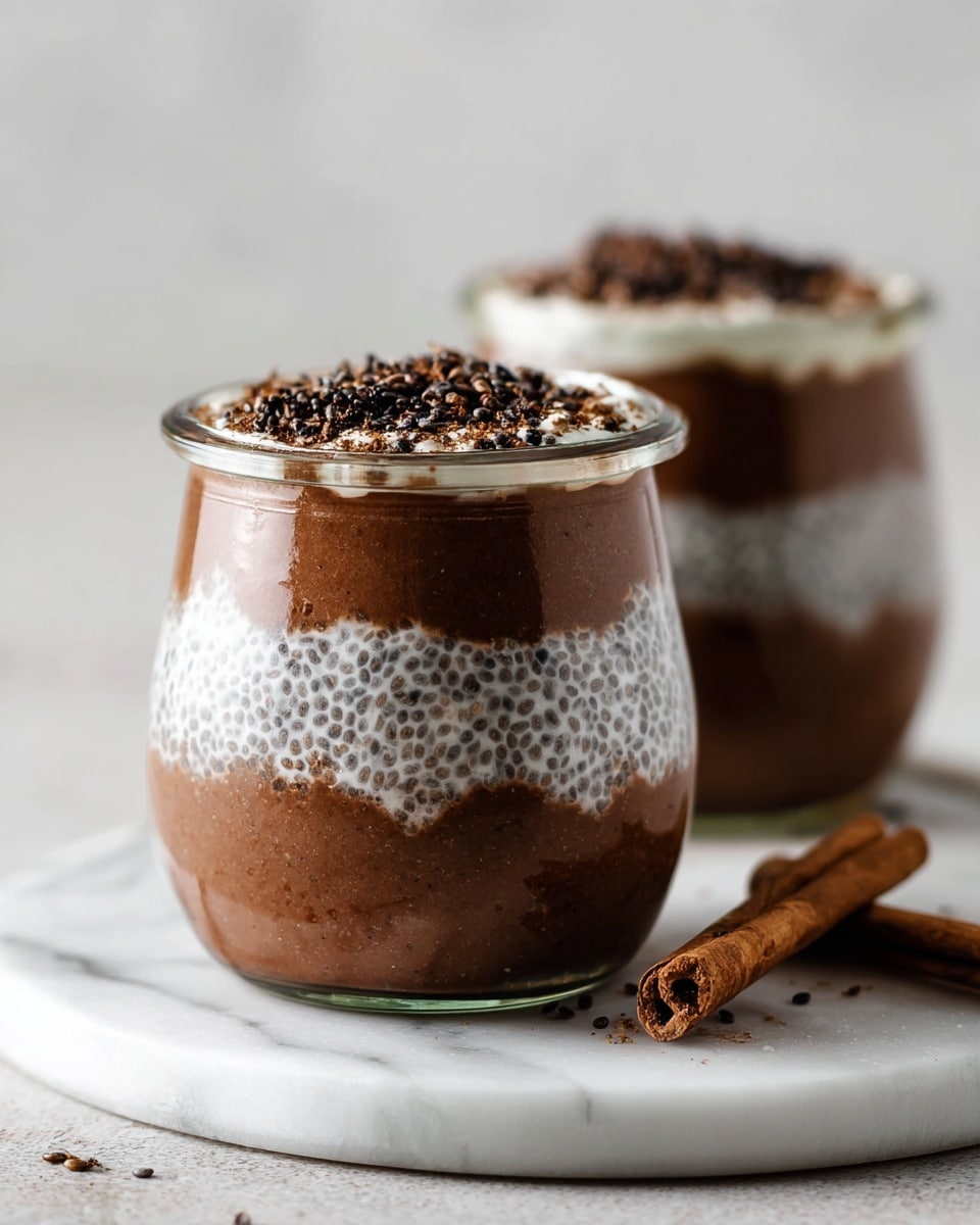 Two small glass jars hold a layered dessert placed on a white marbled surface. Each jar has three visible layers: the bottom and middle layers are smooth and rich dark brown, the second and fourth layers are white with black chia seeds, creating a textured look. The top has a sprinkle of small dark brown bits on the white chia seed layer. One jar is in sharp focus in the front, while the other is blurred slightly in the background. Two cinnamon sticks rest on the white marbled surface near the front jar. Photo taken with an iphone --ar 4:5 --v 7