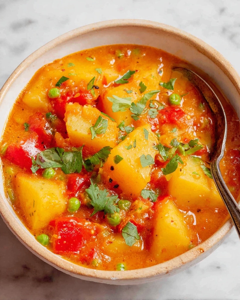 A white bowl filled with a thick orange stew containing large chunks of yellow potatoes and bright red pieces of bell pepper. The stew has a textured surface with visible bits of green peas and fresh green parsley leaves scattered on top, adding a splash of color. A silver spoon is partially submerged in the stew, resting on the side of the bowl. The bowl sits on a white marbled surface. photo taken with an iphone --ar 4:5 --v 7