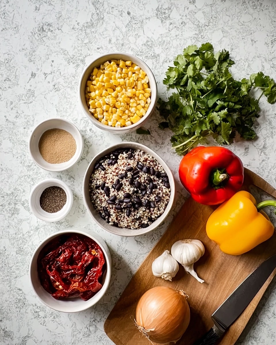 The image shows five white bowls arranged on a white marbled surface. The top bowl contains yellow corn kernels. Below it, a bowl holds black beans. To the left, there is a bowl filled with cooked quinoa, which is mixture of white and red grains. Another bowl to the bottom left contains red roasted peppers. Two small white dishes at the top left hold light brown powdered spices. On the bottom right, a wooden cutting board holds two whole onions, one of which is cut in half, and a knife with a light handle. At the top right are fresh yellow, orange, and red bell peppers with a bunch of fresh green cilantro leaves above. Two cloves of garlic rest on the surface near the spice dishes. photo taken with an iphone --ar 4:5 --v 7