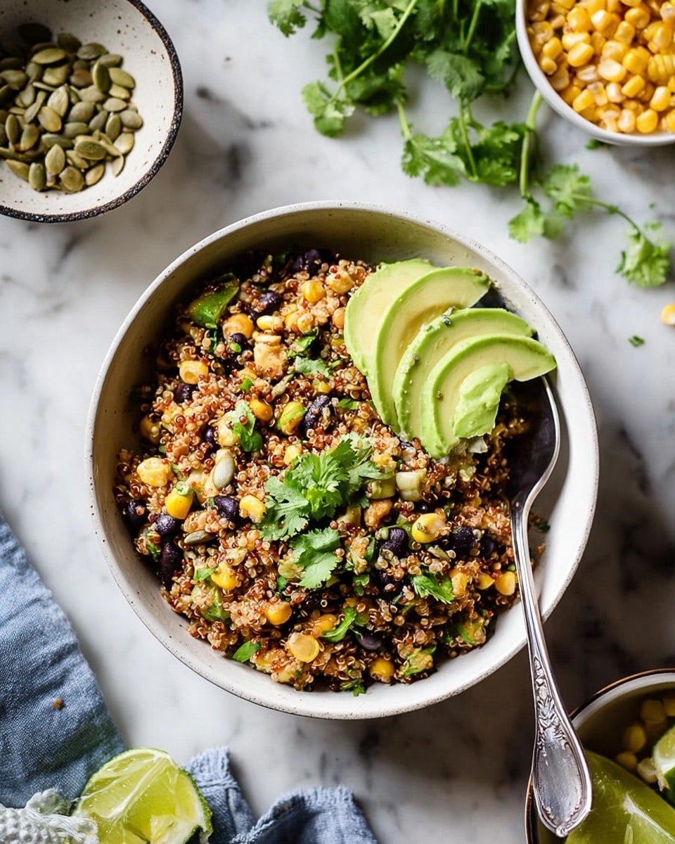 A white bowl holds a colorful mixture of quinoa, black beans, corn kernels, and small green onion pieces, all mixed evenly. The dish is topped with three slices of light green avocado arranged in a fan shape on one side, and a small bunch of fresh cilantro leaves placed near the avocado. Scattered pumpkin seeds are sprinkled all over the top. A silver spoon rests inside the bowl on the right side. The bowl sits on a white marbled surface, with some cilantro leaves hanging down from the top, a small bowl of yellow corn in the upper right, and lime wedges in a white dish at the bottom left corner. Photo taken with an iphone --ar 4:5 --v 7