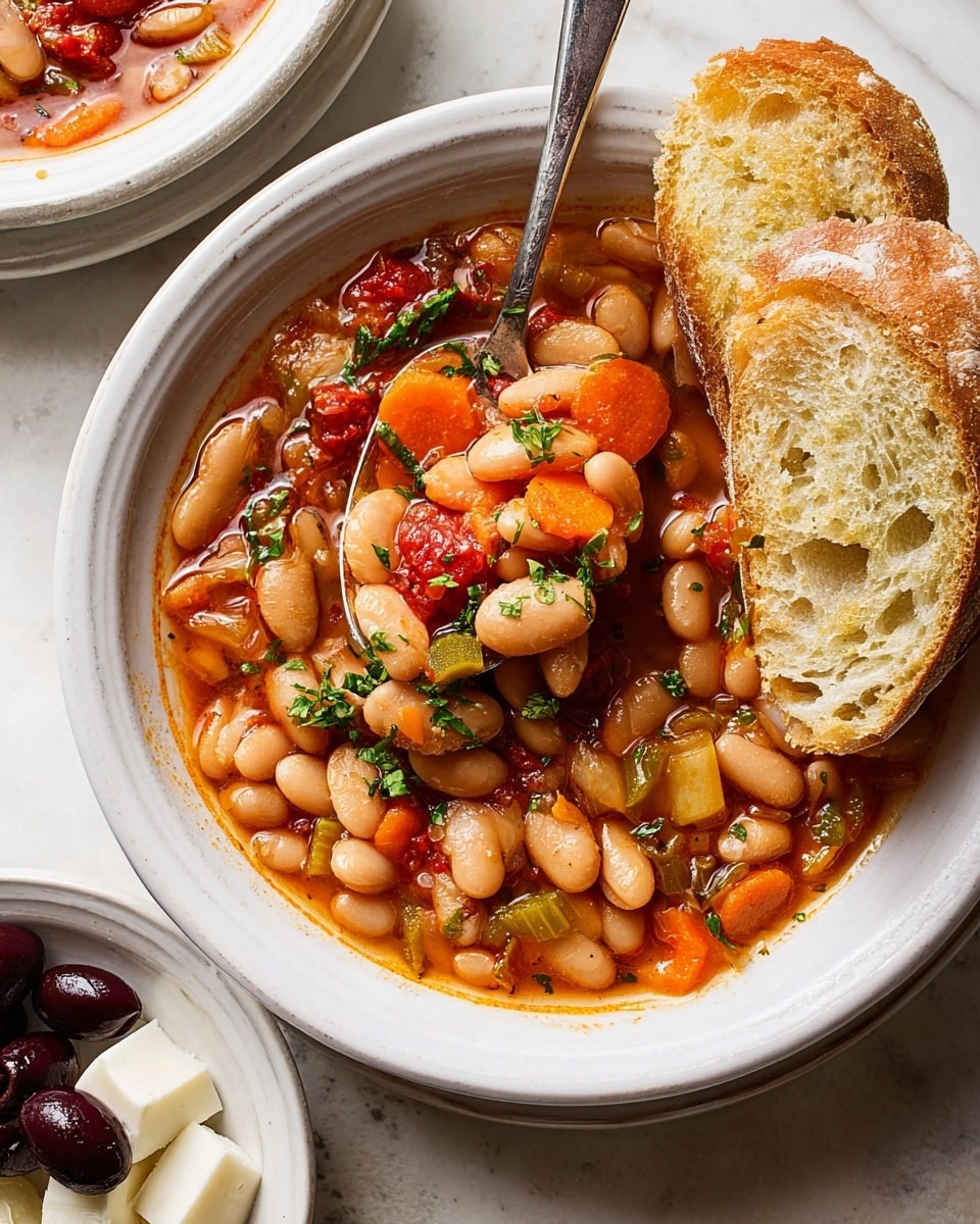 A white bowl filled with a thick stew made of many large, soft white beans mixed with sliced orange carrots, small pieces of light green celery, and bits of red bell pepper all in a rich, reddish-brown broth. The stew is sprinkled with fresh green herbs. On top, there are two pieces of torn, light golden-brown crusty bread resting on the right side of the bowl. A silver spoon is inside the bowl, holding some stew above the surface. The bowl is placed on a white marbled table. In the background, another white bowl and a white plate with dark olives and white cheese cubes are partially visible. photo taken with an iphone --ar 4:5 --v 7