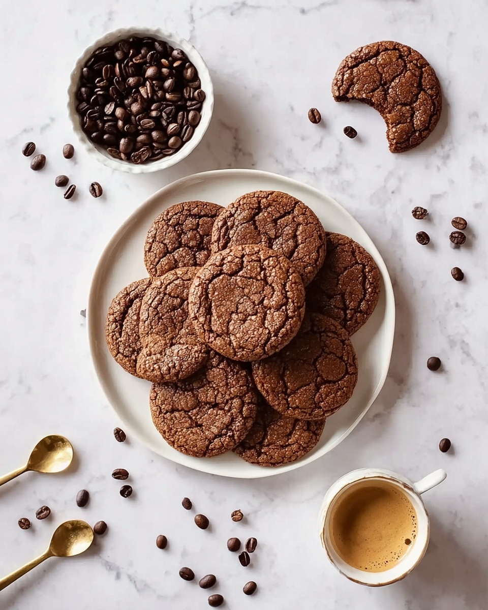 A white round plate sits on a white marbled surface, piled with eight round, cracked chocolate cookies that have a rich brown color and a rough, slightly crumbly texture. Above the plate to the right, there is a single cookie with a bite taken out of it, showing a soft inside. To the left, a white cup filled with dark brown coffee beans is placed, with a few beans scattered around on the marbled surface. Below and to the right of the plate, a white cup holding a light brown espresso with a foamy top rests, surrounded by more scattered coffee beans. Two small golden spoons lie to the left of the espresso cup, enhancing the warm and cozy feel. The photo is taken with an iphone --ar 4:5 --v 7