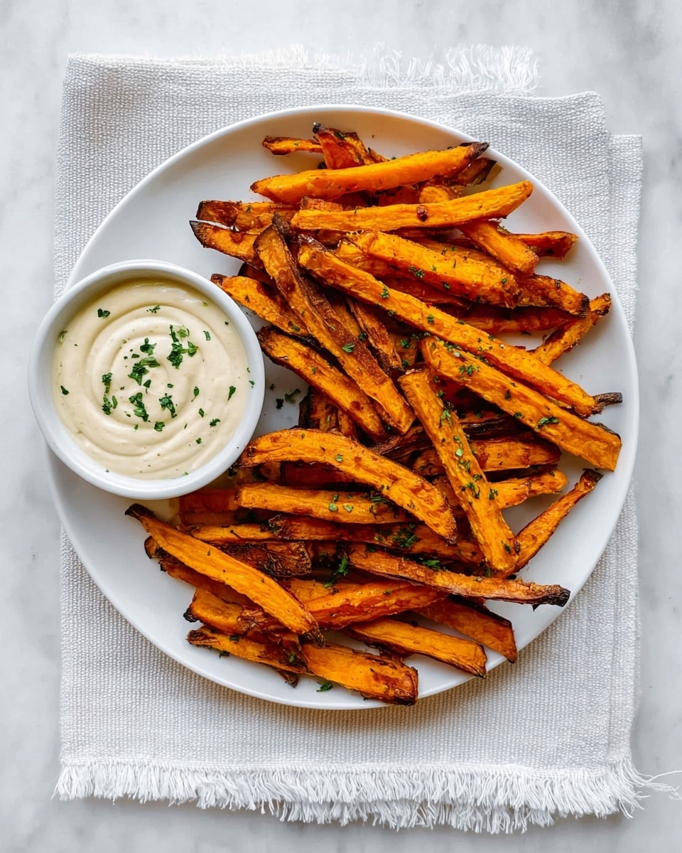 A round white plate is filled with a single layer of golden orange sweet potato fries that have a slightly crispy texture with some charred edges, scattered with small green herb leaves. On the side of the plate, a small white bowl holds a creamy light beige dipping sauce with swirled texture, topped with a few green herbs. The plate rests on a white cloth with fringed edges, all placed on a white marbled surface. photo taken with an iphone --ar 4:5 --v 7