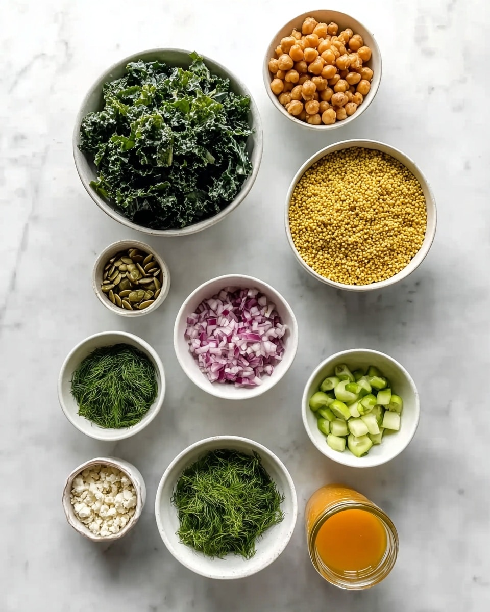 The image shows eleven white bowls arranged on a white marbled surface. The top left bowl contains dark green chopped kale with a rough texture. To the right, there is a bowl filled with round, light brown chickpeas. Below the kale bowl is a bowl of yellow quinoa with a grainy texture. In the center, a smaller bowl holds finely diced red onions, showing a mix of white and purple colors. To the right of the onion bowl is a small bowl with light green cucumber chunks. Above cucumber is a smaller bowl of light brown pumpkin seeds. To the bottom left of the quinoa bowl is a bowl with chopped green parsley leaves. Below that is a small bowl of fresh dill with delicate green leaves. Near the bottom center is a bowl with golden raisins, and next to it is another bowl filled with white crumbled feta cheese. On the far right bottom corner is a small glass jar filled with orange-yellow dressing. Photo taken with an iphone --ar 4:5 --v 7