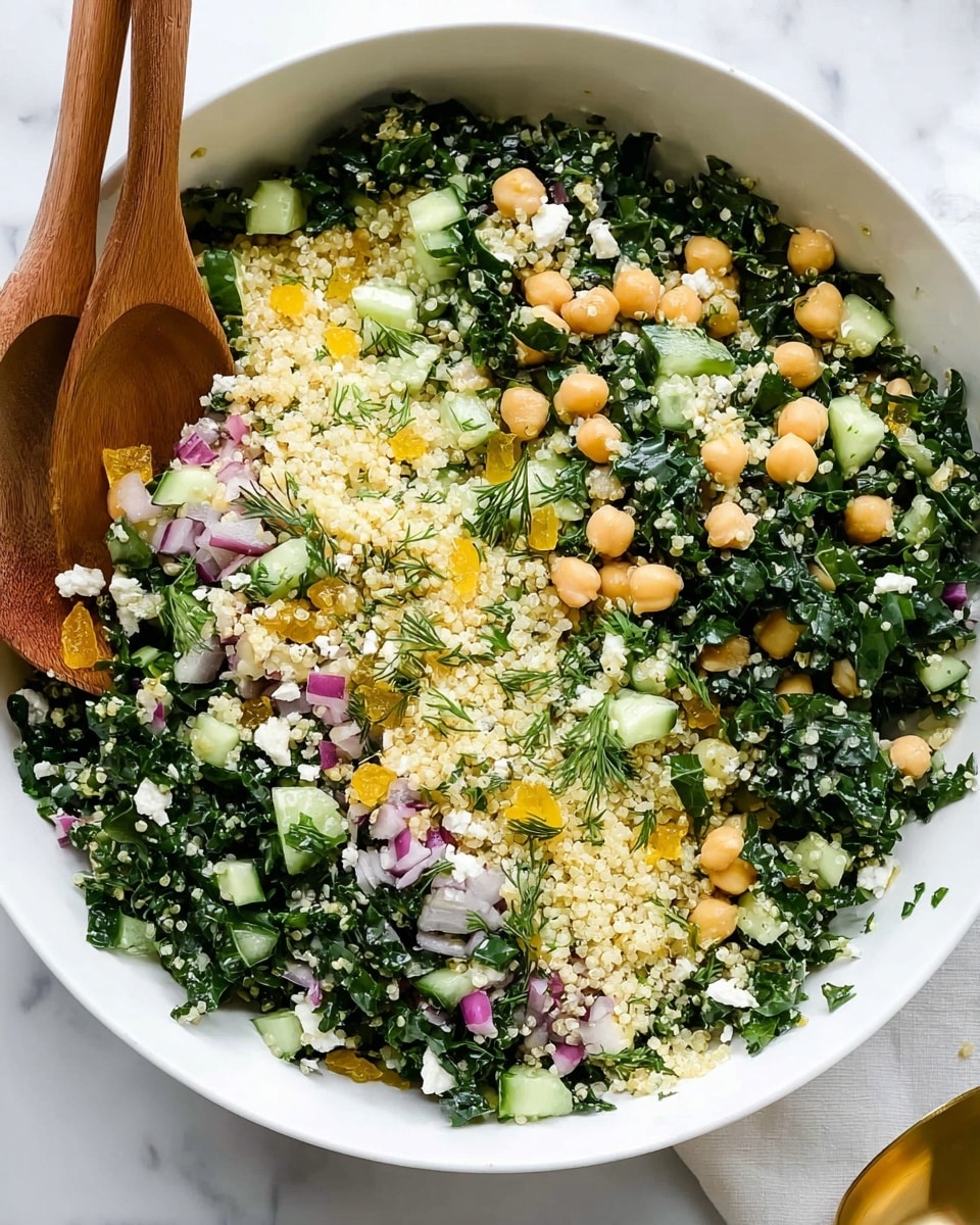 A large white bowl filled with a mixed salad showing three main layers: the base layer of dark green chopped kale, followed by a layer of small, round, beige chickpeas scattered evenly, and a top layer featuring light yellow quinoa sprinkled all over. Mixed in are small pieces of light green cucumber cubes and finely chopped red onions, bright yellow raisins, and bits of white cheese, all evenly distributed. Fresh dill and parsley leaves add small touches of green scattered throughout. Two wooden spoons rest inside the bowl on the left side. The bowl sits on a white marbled surface with a gold spoon nearby. photo taken with an iphone --ar 4:5 --v 7