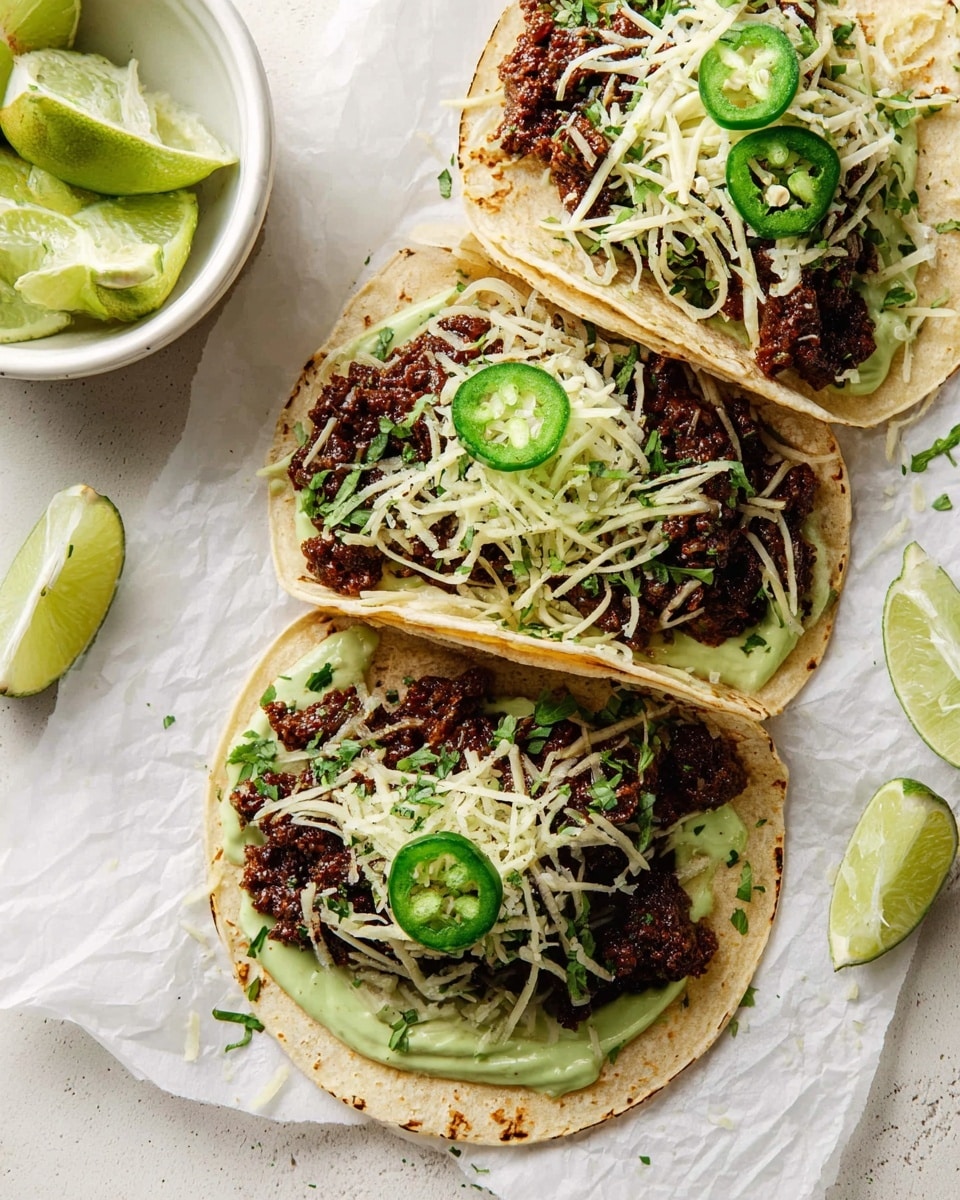 Three tacos with soft, lightly toasted tortillas are placed on a white marbled surface partially covered with white parchment paper. Each taco has a base layer of creamy green sauce spread across the tortilla, followed by a layer of dark brown, crumbly textured filling that looks cooked. On top, there is shredded white cheese and thin slices of green jalapeño pepper with a sprinkle of chopped fresh green herbs. Nearby, a white bowl filled with lime wedges sits to the left, along with two lime wedges resting on the surface. photo taken with an iphone --ar 4:5 --v 7