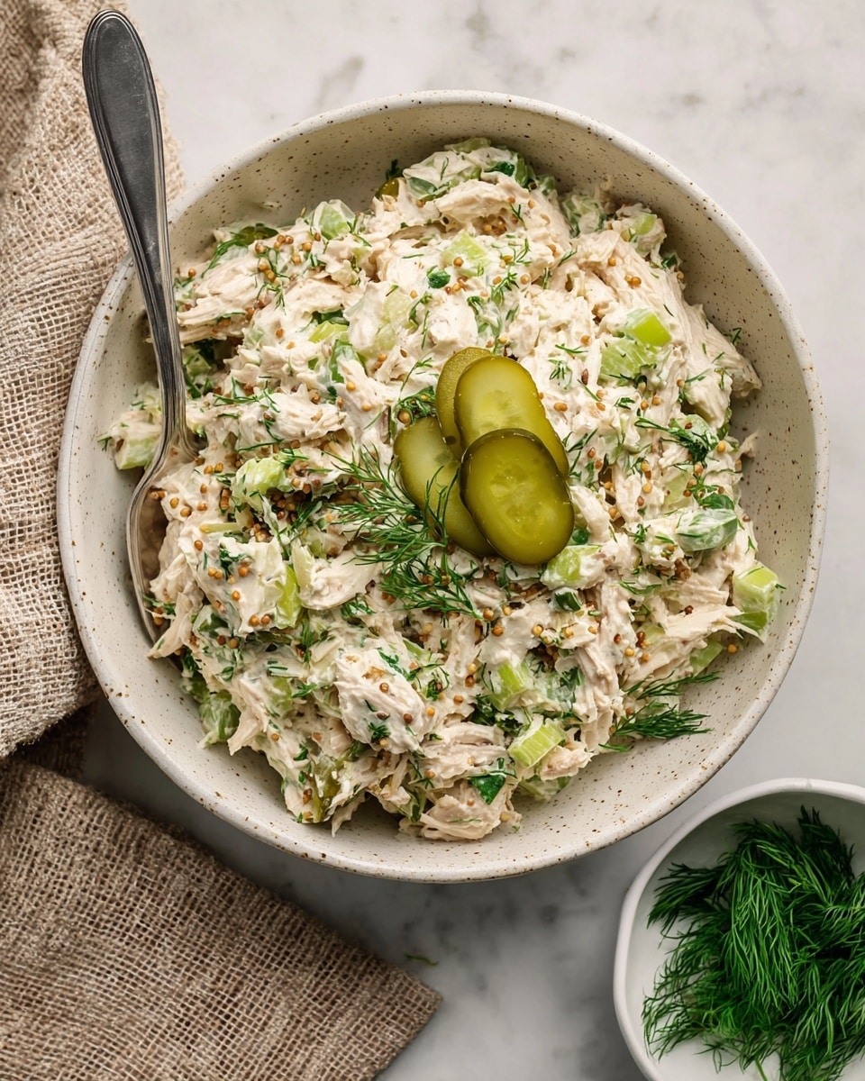 A bowl filled with creamy white shredded chicken salad mixed with green celery pieces and dotted with small mustard seeds and fresh dill leaves throughout; the salad is topped with two green pickle slices and more dill. The bowl is off-white and speckled with a wide rim, set on a white marbled surface. Nearby is a small white bowl holding fresh dill sprigs, and part of a woven beige cloth is visible on the left. A silver spoon is partially inside the chicken salad bowl. photo taken with an iphone --ar 4:5 --v 7