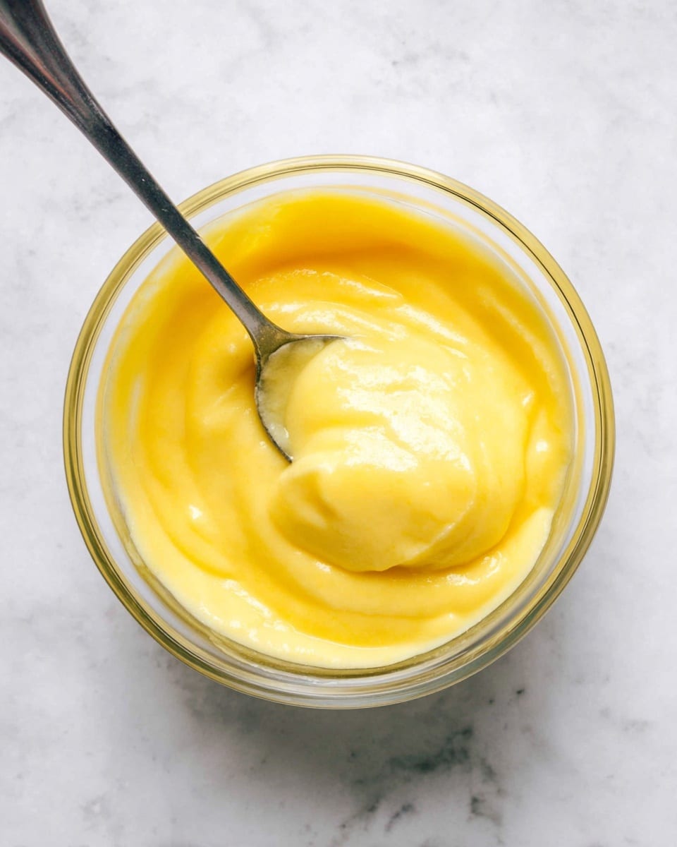 A clear glass bowl filled with smooth, bright yellow custard-like cream with a shiny, slightly thick surface. A shiny metal spoon rests inside the bowl, partially covered in the creamy, soft textured mixture. The bowl is placed on a white marbled surface, giving a clean and fresh background. Photo taken with an iphone --ar 4:5 --v 7