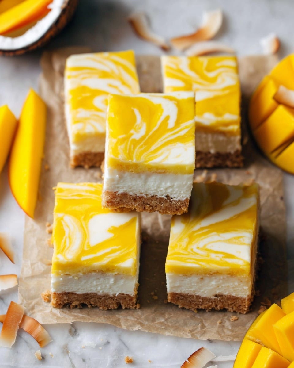 The image shows six rectangular mango cheesecake bars stacked on parchment paper over a white marbled texture. Each bar has three distinct layers: a firm light brown crumb crust at the bottom, a thick and smooth white cheesecake layer in the middle, and a yellow mango swirl pattern on top that blends softly into the white layer. The mango swirl is glossy and artistic with flowing curves. Around the bars, there are sliced mango pieces and some coconut flakes scattered, adding bright yellow, white, and light brown colors to the scene. Photo taken with an iphone --ar 4:5 --v 7