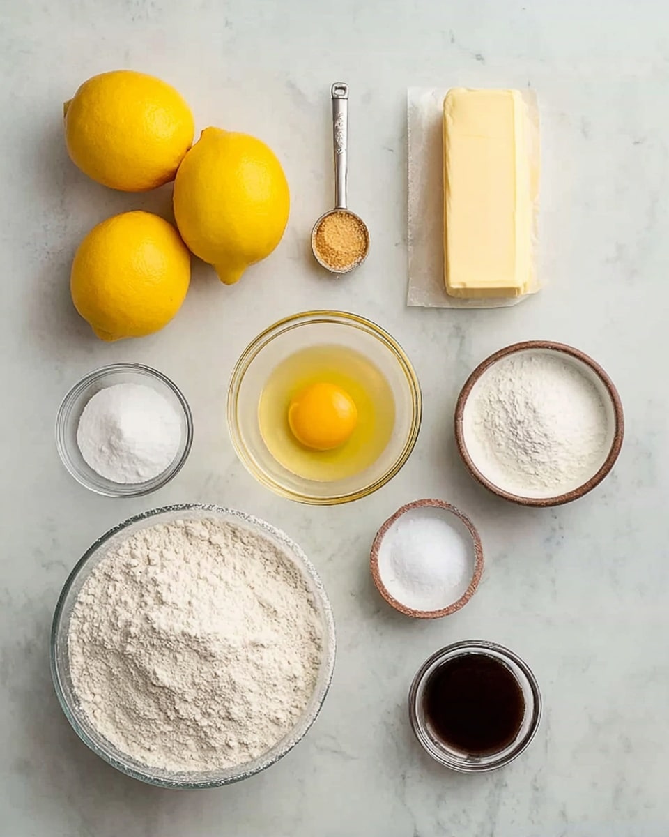 A flat lay of baking ingredients arranged neatly on a white marbled surface, featuring two bright yellow lemons on the left, a light yellow stick of butter next to them, a small clear glass bowl with a yellow egg yolk, a small bowl of white sugar, a measuring spoon with light brown powder, a large bowl filled with white flour, a small bowl of baking soda, and a small bowl filled with dark vanilla extract. Each element is clearly visible and spaced evenly. Photo taken with an iphone --ar 4:5 --v 7