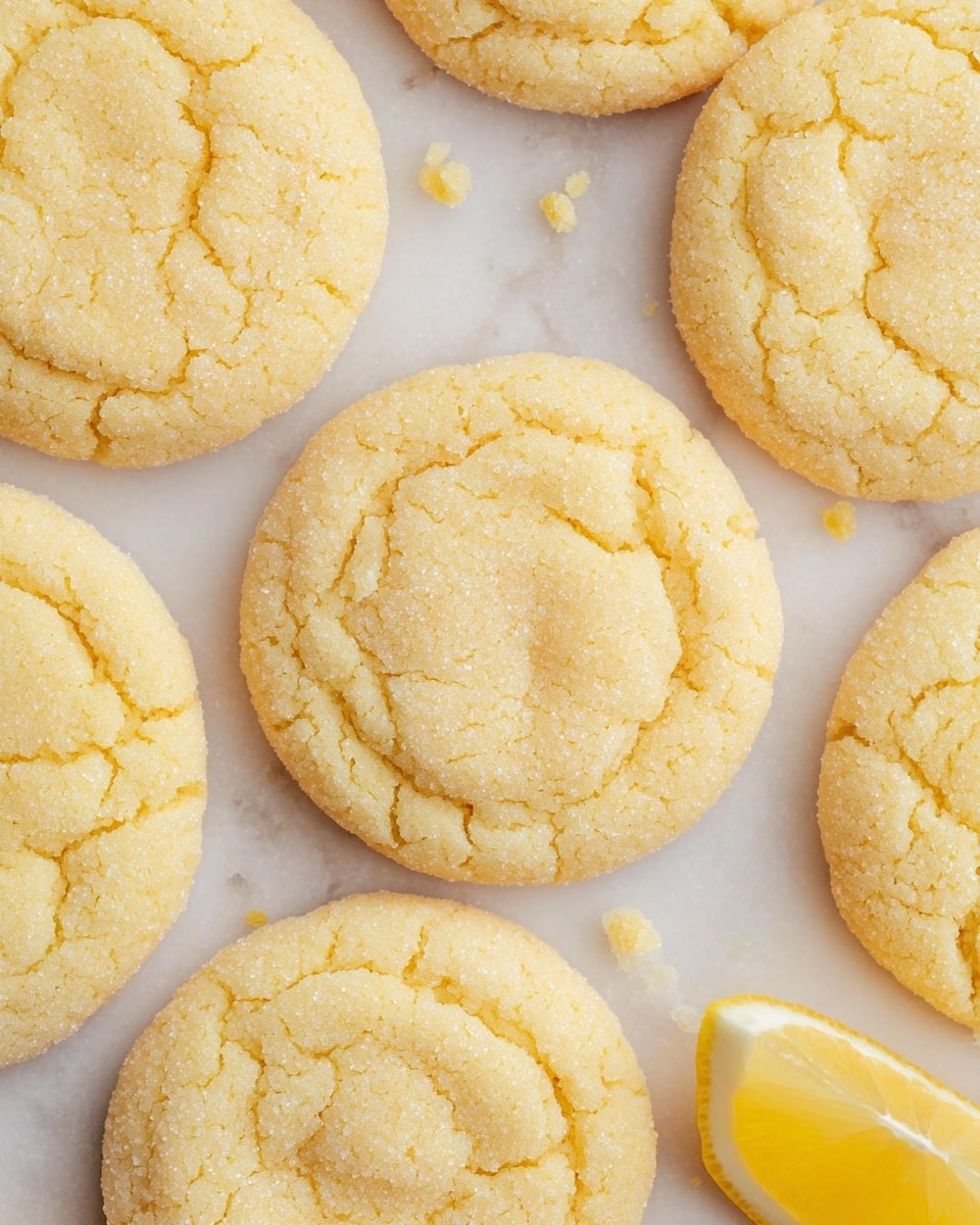 A close-up view of several round, light yellow lemon cookies with a cracked sugar surface arranged flat on a white marbled texture. There is a small, bright yellow lemon wedge with a smooth juicy texture placed near the bottom right corner of the cookies. The cookies' soft crumbly texture is visible with slight sugar granules on top, and a few small crumbs scattered around them. The image is simple with no other objects or layers, focusing on the cookies and lemon wedge. photo taken with an iphone --ar 4:5 --v 7