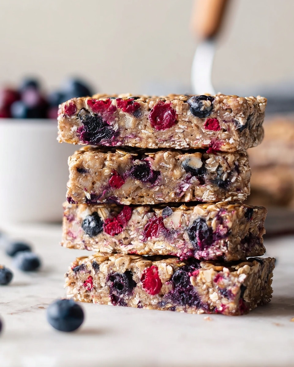 The image shows a stack of four square oat bars with visible layers of blueberries and small red berries inside. The bars have a rough texture with oats and berries mixed throughout each layer. The bars are stacked diagonally on a white marbled surface with a white bowl full of blueberries blurred in the background and a woman's hand holding a utensil visible in the upper right. The overall colors are light beige from the oats and dark purple-blue from the berries, with a few bright red berry pieces scattered inside the bars. Photo taken with an iphone --ar 4:5 --v 7