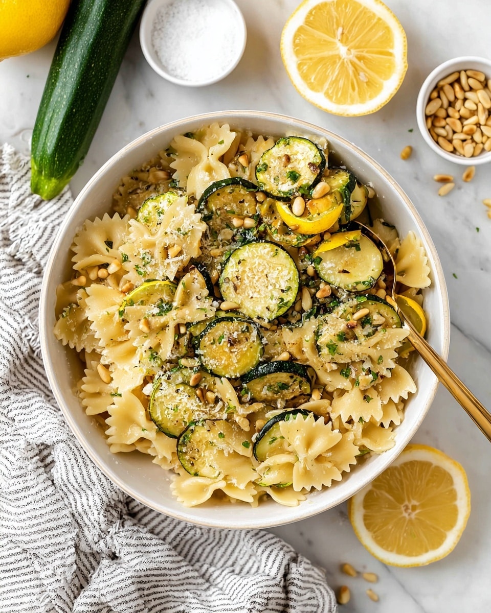A close-up of a white bowl filled with three layers: the bottom layer is farfalle pasta with a pale yellow color, the middle layer is cooked zucchini slices in dark green and yellow, and the top layer is sprinkled with grated cheese and green herbs, plus pine nuts scattered on top. A gold spoon holds a mix of pasta and zucchini in the middle of the bowl. Around the bowl, there are lemon halves, whole zucchini, and small white bowls with salt and pine nuts, all placed on a white marbled surface. A striped cloth is placed on the left side of the bowl. Photo taken with an iphone --ar 4:5 --v 7