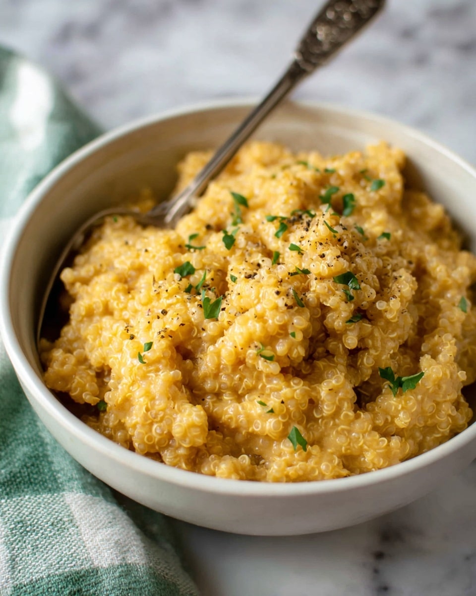 A close-up view of a creamy yellow quinoa dish served in a white bowl, showing a thick texture with small round quinoa pieces. The quinoa is mixed evenly with a smooth sauce that has specks of black pepper and small green herb pieces sprinkled on top, adding color contrast. A silver spoon with a detailed handle is placed inside the bowl, partially submerged in the quinoa. The background features a white marbled surface with a blurred green and white cloth, enhancing the focus on the quinoa dish. Photo taken with an iphone --ar 4:5 --v 7