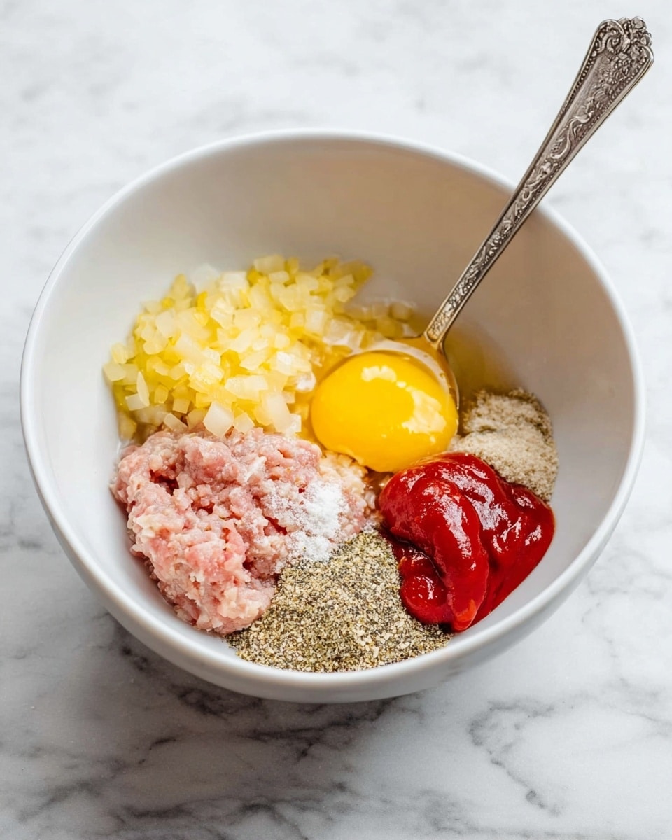 A white bowl contains five separate layers of ingredients ready to mix: pale yellow chopped onions in the top left, a bright yellow egg yolk with some egg white in the center, pale pink raw ground meat in the bottom left, a pile of reddish ketchup in the bottom right, and a mix of gray and white breadcrumbs and spices in the top right. A detailed silver spoon rests inside the bowl on the left side. The bowl is placed on a white marbled surface. Photo taken with an iphone --ar 4:5 --v 7