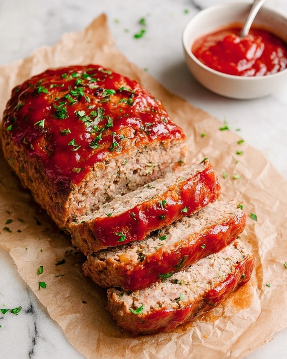 A cooked meatloaf is placed on light brown parchment paper over a white marbled surface. The meatloaf is partially sliced into four thick layers, each showing a moist, textured inside that is pale brown with some visible herbs. The top layer is coated with a shiny, bright red sauce sprinkled with small green herb pieces. In the background, there is a small white bowl filled with the same red sauce, with a silver spoon resting inside it, and some scattered green herbs around the meatloaf on the paper. Photo taken with an iphone --ar 4:5 --v 7