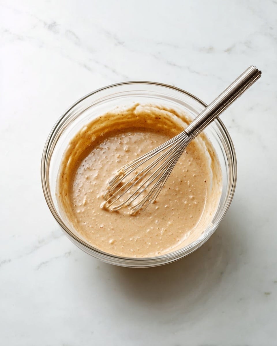 A clear glass bowl filled with a thick, light brown batter mixed evenly, showing small lumps and a smooth texture on top, with a metal whisk resting inside the bowl slightly tilted to the side. The bowl sits on a white marbled surface, creating a clean and bright background. Photo taken with an iphone --ar 4:5 --v 7