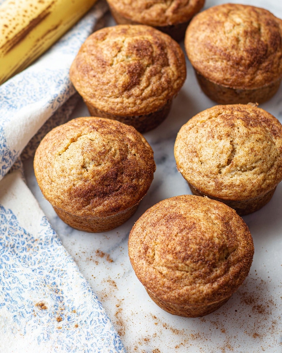 A close-up of six light brown muffins with a slightly cracked texture and some darker cinnamon or spice spots on top, arranged on a white marbled surface. There is a peeled banana with stripes on the left side, and a white cloth with blue patterns lies at the bottom edge of the image, partially under the muffins. There is a light sprinkling of cinnamon or spice powder on the marbled surface around the muffins. Photo taken with an iphone --ar 4:5 --v 7