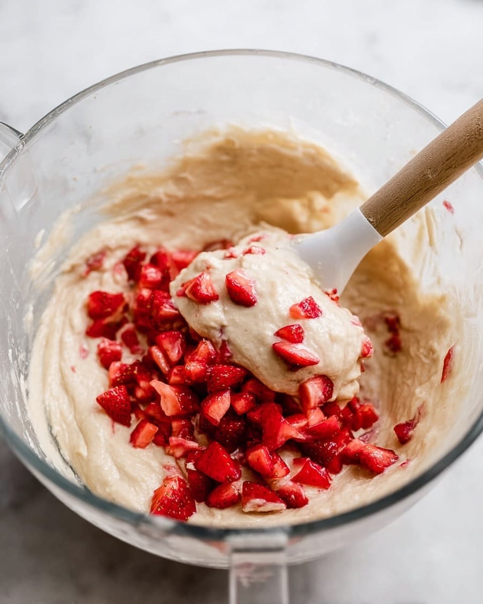 A clear glass mixing bowl filled with pale beige thick batter, with bright red chopped strawberries being folded into the batter using a white spatula with a wooden handle. The strawberries are scattered on top and mixed slightly into the batter, creating a contrast of smooth creamy texture and small fruit pieces. The bowl is placed on a white marbled surface, and part of a white blender can be seen blurred in the background. photo taken with an iphone --ar 4:5 --v 7