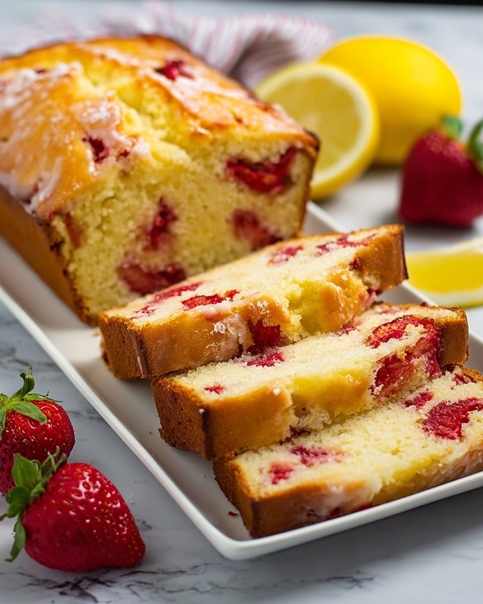 The image shows a loaf cake on a white rectangular plate, sliced into four pieces with a golden brown crust on the outside. Inside, the cake is light yellow with visible pieces of red strawberries embedded throughout, giving it a fresh and juicy look. Around the plate, there are whole strawberries and a lemon wedge placed on a white marbled surface. The cake looks soft with a slightly textured top, and the arrangement is close up with a blurred background. photo taken with an iphone --ar 4:5 --v 7