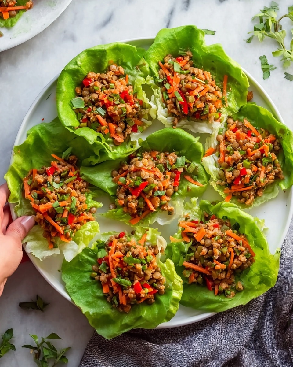 A white plate holds eight lettuce wraps arranged in a circle on a white marbled surface. Each wrap features bright green, crisp lettuce leaves as the base, filled with a colorful mix of finely chopped ingredients including orange shredded carrots, red bell peppers, green herbs, and light brown lentils or grains. The texture appears fresh and slightly crunchy with a variety of small diced veggies on top. A woman's hand is placing or holding one wrap on the edge of the plate. Small green herb leaves are scattered around the plate and a soft gray cloth is partially visible at the edge of the surface. Photo taken with an iphone --ar 4:5 --v 7