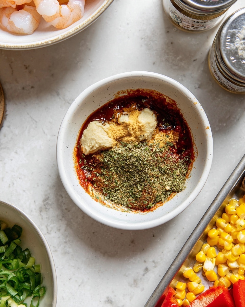 A small white bowl is filled with layers of spices and pastes: a deep red smooth liquid at the bottom, topped with two pale beige dollops of garlic or ginger paste, and a generous sprinkle of green dried herbs covering parts of the top. The bowl sits on a white marbled surface, surrounded by blurred kitchen ingredients including a white bowl of raw shrimp at the bottom left, a white bowl of chopped green onions at the top, metal spice containers at the top right, and a metal tray filled with yellow corn and red bell pepper pieces to the right. Photo taken with an iphone --ar 4:5 --v 7