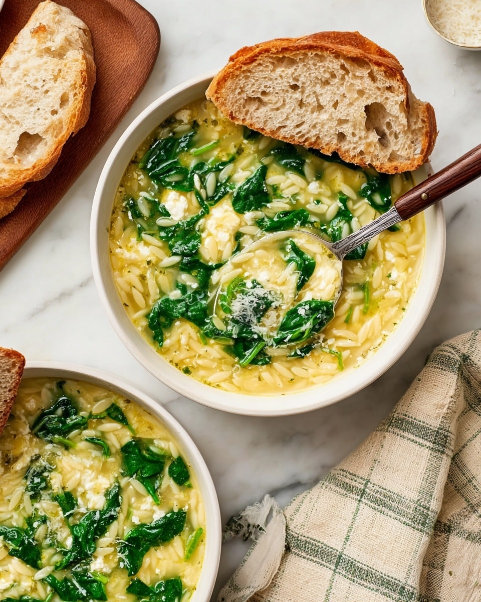 Two white bowls filled with a warm soup made of small, pale yellow orzo pasta and bright green spinach leaves floating in a light yellow broth with tiny white curds. One bowl has a slice of crusty bread resting on the side, showing an airy and golden-brown crust. A silver spoon with a wooden handle is scooping some of the soup, revealing the mix of pasta and spinach inside. The bowls sit on a white marbled surface with a folded beige and green checkered cloth beside them. photo taken with an iphone --ar 4:5 --v 7