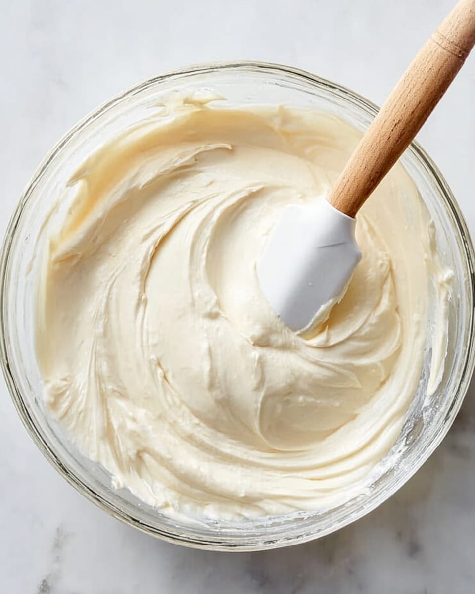 A clear glass bowl filled with a smooth, thick, creamy white mixture that has a slightly glossy surface. Swirls and soft peaks are formed on top from being stirred, showing a rich and fluffy texture. A spatula with a white flexible head and a wooden handle rests inside the bowl, lightly coated by the creamy mixture. The bowl is set on a white marbled surface. Photo taken with an iphone --ar 4:5 --v 7