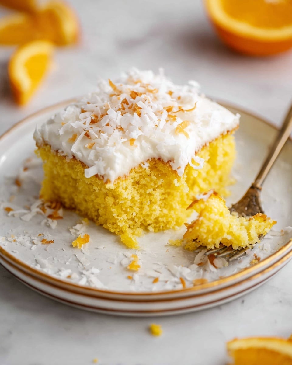 A close-up of a square piece of yellow cake with a soft and crumbly texture, topped with a thick layer of white frosting and shredded coconut, placed on a white plate with a gold rim. The cake's bright yellow color contrasts with the white topping. There are small crumbs and bits of coconut around the cake on the plate, with a fork holding a bite-sized piece of the cake to the right. Part of an orange is visible in the top right corner and some orange slices are on the left side. The whole scene is set on a white marbled surface. photo taken with an iphone --ar 4:5 --v 7