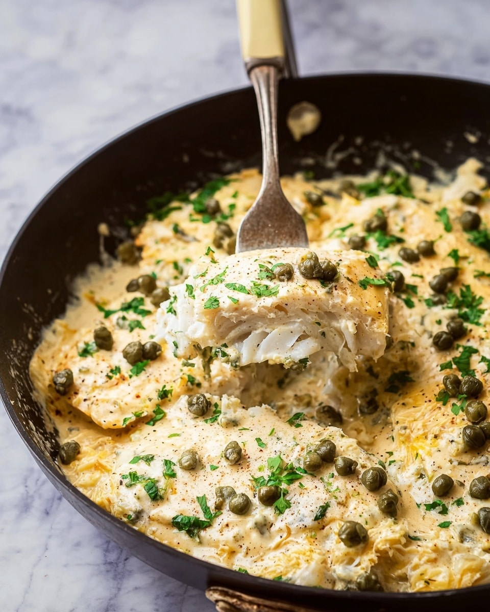 A black pan filled with thick, creamy sauce mixed with light yellow pieces of onion and small green capers scattered on top. Under the sauce, there are white pieces of cooked fish layered at the bottom. Fresh chopped green herbs are sprinkled over everything. A fork with a beige handle lifts a piece of the white fish covered in sauce from the pan. The pan rests on a white marbled texture. photo taken with an iphone --ar 4:5 --v 7