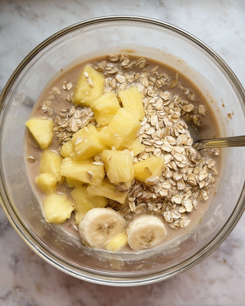 A clear glass bowl holds a mix of ingredients in three visible layers. The bottom layer is light brown liquid that looks creamy, filling most of the bowl. The middle layer has many small, flat, pale beige oats floating in the liquid. The top layer has small, chunky pieces of yellow pineapple and round banana slices scattered unevenly. A metal spoon rests inside the bowl on the right side, partially inside the liquid mix. The bowl is sitting on a white marbled surface. photo taken with an iphone --ar 4:5 --v 7