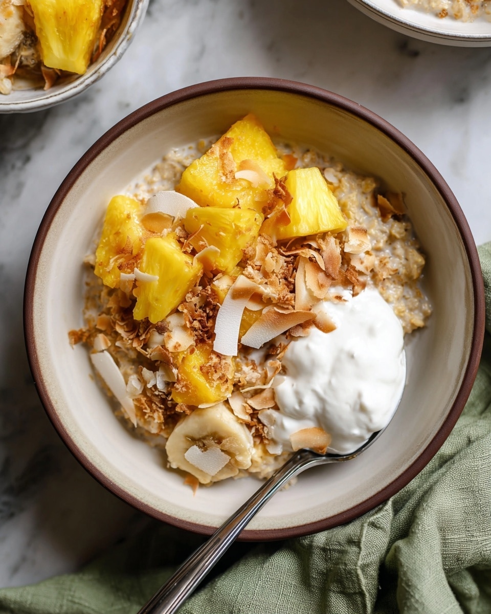 A white bowl with a brown rim holds a dish with three main layers: at the bottom, a creamy oatmeal base mixed with soft banana slices creating a beige and light brown texture; on top, bright yellow pineapple chunks add vibrant color and freshness; scattered over all are toasted coconut flakes with a light brown, crisp appearance. A spoon with a dollop of white cream rests inside the bowl on the right side. The bowl is placed on a white marbled surface with a green cloth nearby. Photo taken with an iphone --ar 4:5 --v 7