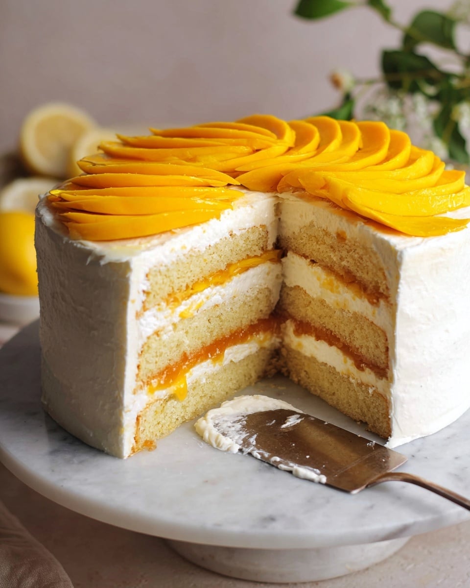The image shows a tall four-layer cake on a white marbled surface. The cake has three layers of light beige sponge separated by white creamy frosting and thin orange jam layers. The outside of the cake is covered with smooth white frosting. The top layer is decorated with thinly sliced yellow-orange mango arranged in curved, petal-like rows that cover the entire surface. A cake slice is removed, showing the clear layering inside. A metal cake server with white cream on it is placed under the cut slice. In the background, there is some greenery and a yellow lemon partly visible. Photo taken with an iphone --ar 4:5 --v 7