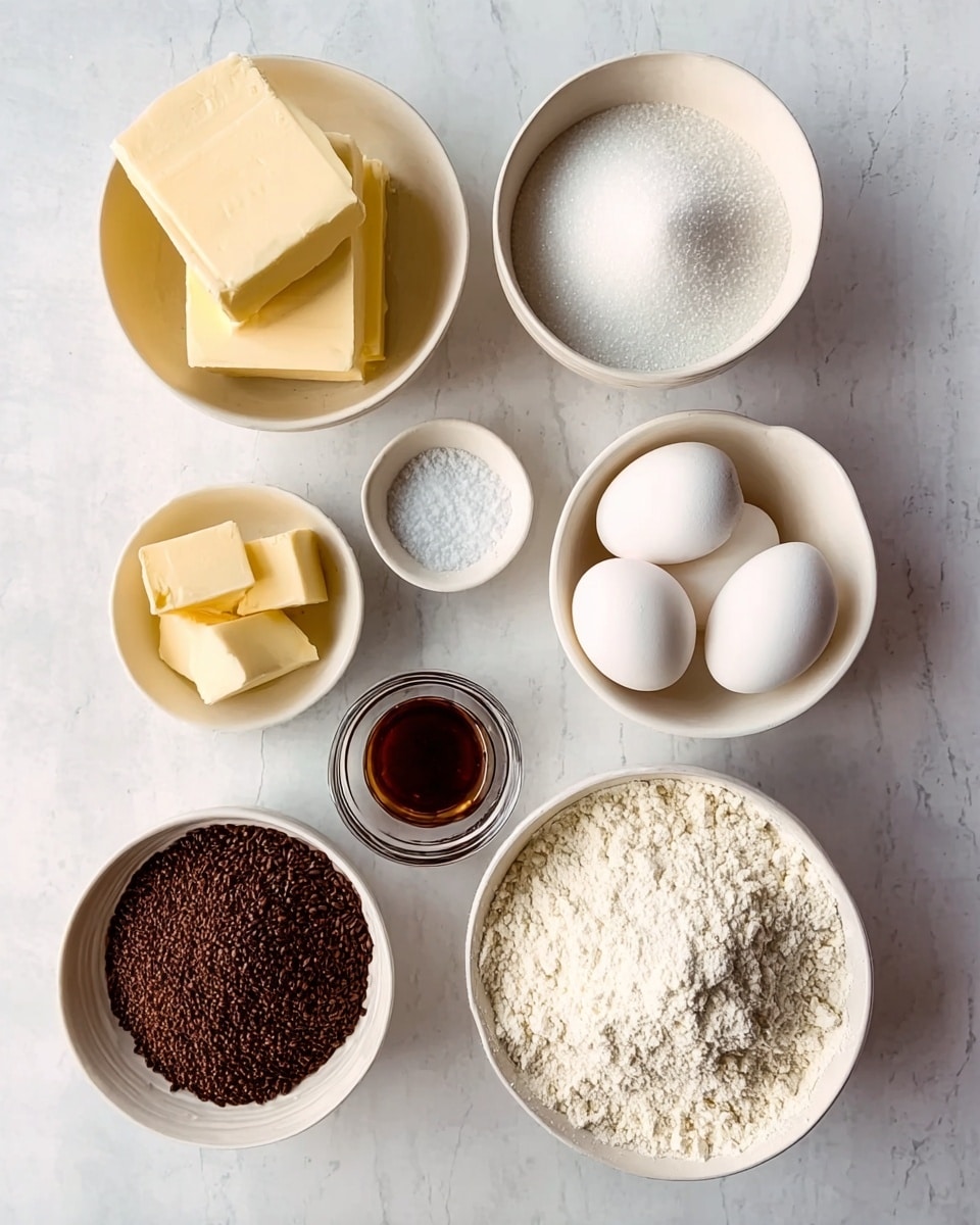 The image shows seven white bowls arranged on a white marbled surface, each containing a different baking ingredient. Starting from the top left, a bowl holds several square pieces of pale yellow butter stacked together. To the right of it, a bowl filled with fine, white sugar sits nearby. Below the sugar, a smaller bowl contains two white eggs. On the bottom left, a bowl is filled with dark brown coffee granules. Next to it, a small dish holds a pinch of salt. In the center, a clear glass cup contains vanilla extract, and on the far right, a large bowl holds white flour with a soft, powdery texture. The bowls are organized neatly with varying sizes and textures in a clean, bright setting. Photo taken with an iphone --ar 4:5 --v 7