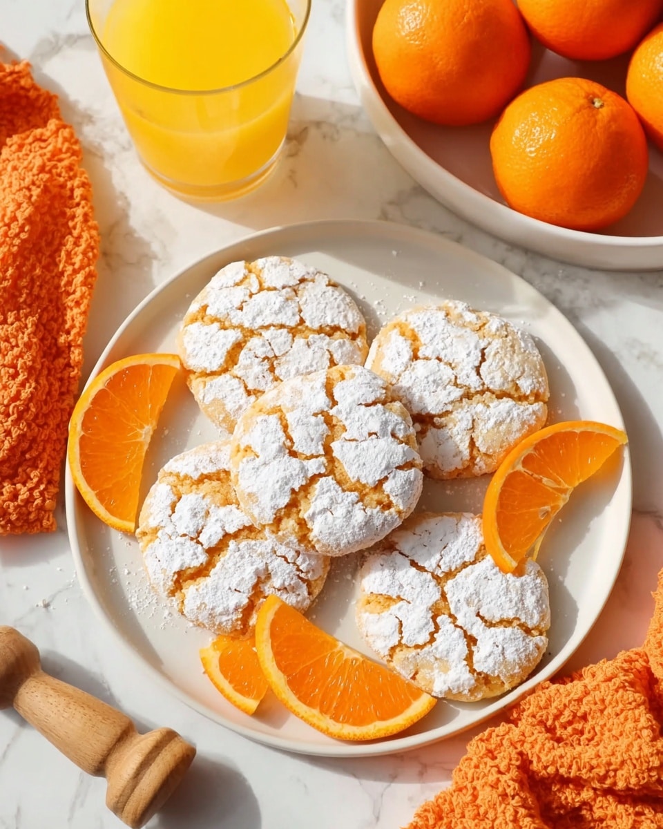 A white plate holds six round orange cookies with a cracked top covered in powdered sugar, arranged in a loose circle. Between the cookies, there are three bright orange slices placed evenly around the plate’s edge. To the upper right, a white bowl filled with whole oranges sits atop an orange cloth with a textured pattern. On the upper left, a clear glass almost full of orange juice is visible. The scene is set on a white marbled surface, with a wooden citrus reamer positioned at the bottom left. The lighting is bright, making the colors pop, giving a fresh and inviting look photo taken with an iphone --ar 4:5 --v 7