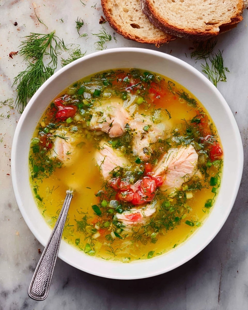 A white bowl filled with clear golden broth soup containing several pieces of pale pink fish chunks layered with visible green herbs, slices of bright red cherry tomatoes, chopped green onions, and dill scattered throughout. The soup shows a mix of soft textures from the fish and chopped vegetables floating in the broth. A silver spoon with a patterned handle rests inside the bowl on the left side. Behind the bowl, two slices of light brown toasted bread with a crust are placed on a white marbled surface with some green dill sprigs. photo taken with an iphone --ar 4:5 --v 7