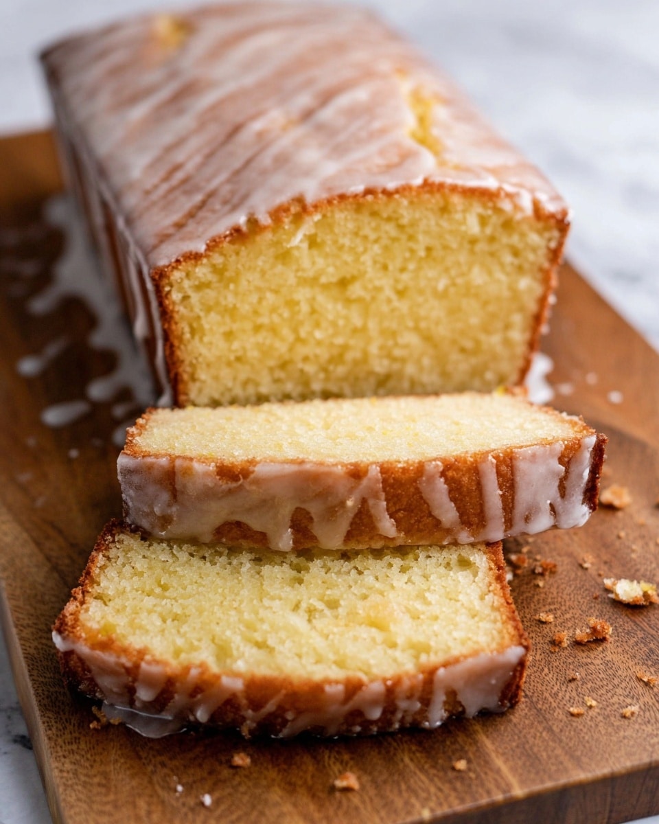 A loaf cake with three slices cut and placed in front, showing a soft, moist yellow interior with a golden brown crust. The cake is coated with a shiny, white glaze that has a slightly rough texture, covering the top and sides. It sits on a wooden board with a few crumbs scattered near the slices. The background has a white marbled texture. photo taken with an iphone --ar 4:5 --v 7