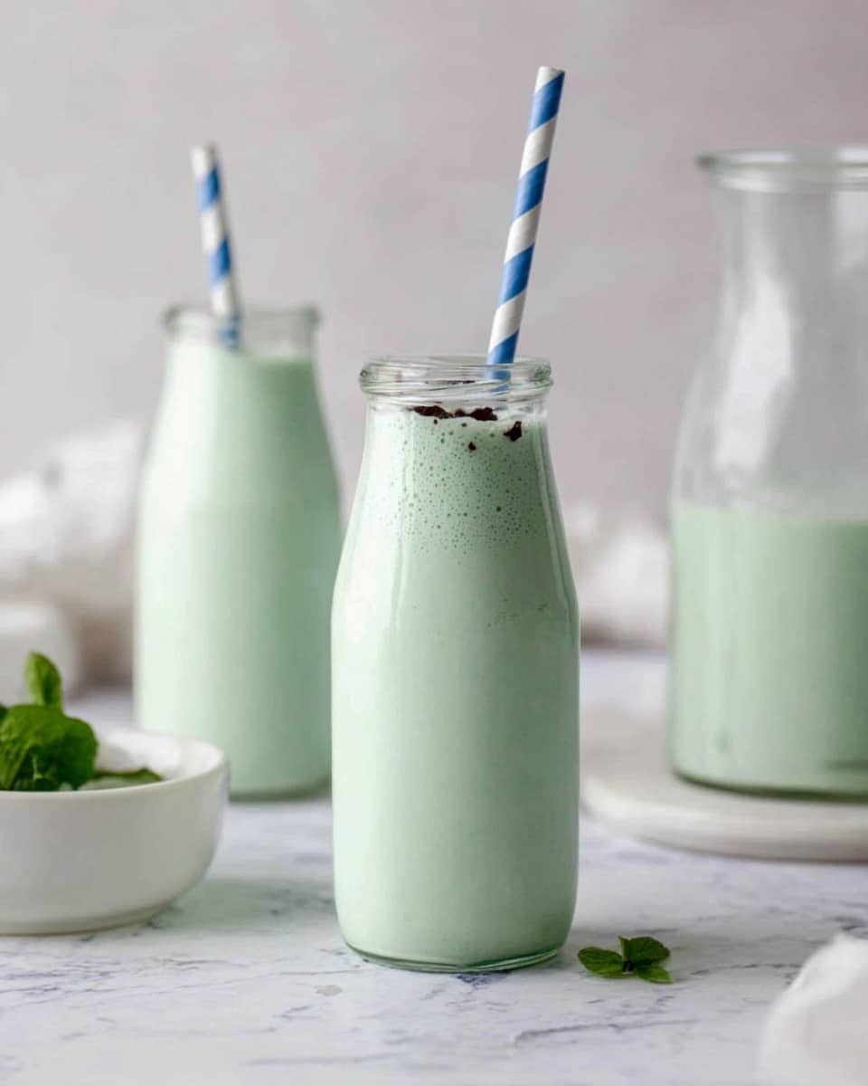 Two clear glass bottles filled with a pale green creamy drink are placed on a white marbled surface. Each bottle has a blue and white striped straw. The drink has a slightly frothy white layer on top with tiny dark specks throughout. Behind the bottles, there is a clear glass jug also filled with the same green drink and a small white bowl with a few green leaves visible. The background is soft and pale, keeping the focus on the bottles. photo taken with an iphone --ar 4:5 --v 7