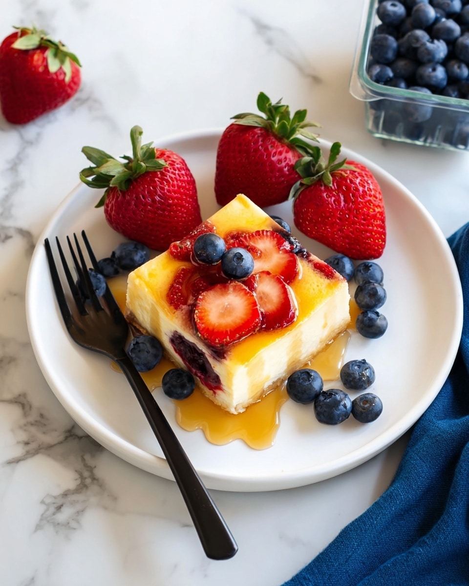 A white plate on a white marbled surface holds a square piece of creamy yellow cheesecake with visible slices of red strawberries and blueberries inside. The cheesecake is topped with a golden syrup that drips down the sides. Around the cheesecake are several fresh whole red strawberries with green tops and scattered plump blueberries. A black fork rests on the left side of the plate, slightly touching the syrup. A clear plastic container of blueberries is partially visible in the top left corner. A blue cloth napkin is laid under the plate on the right side. photo taken with an iphone --ar 4:5 --v 7