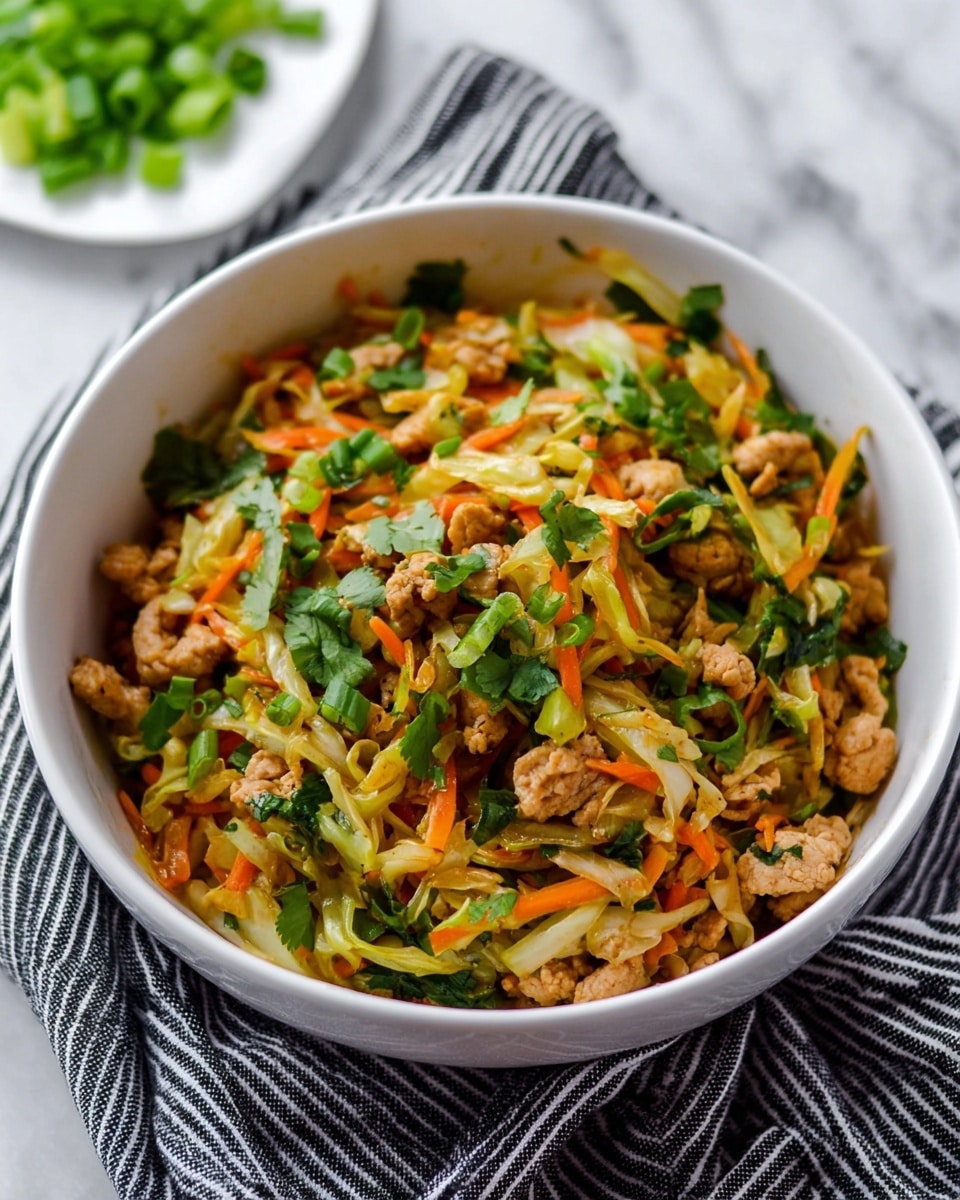 A white bowl filled with a colorful mix of cooked ground chicken pieces that are light brown and tender, mixed with thin shredded yellow cabbage and bright orange carrot strips, all combined with fresh chopped green onions and cilantro leaves scattered on top. The bowl sits on a striped black and white cloth, against a white marbled surface, with a white plate holding more chopped green onions blurred in the background. The dish looks fresh and vibrant, with a mix of soft and crisp textures photo taken with an iphone --ar 4:5 --v 7
