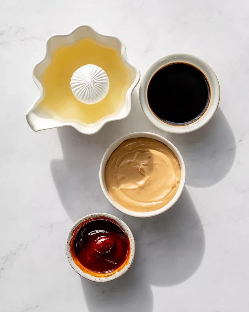 Four white ceramic bowls are arranged on a white marbled surface. The largest bowl has a spouted edge and contains a pale yellow liquid with a ridged white juicer piece in the middle. To its top right is a medium bowl filled with a black liquid. Below that is another medium bowl holding a smooth, light brown creamy substance. At the bottom center is a small bowl with a thick, dark red sauce. The image is bright and clean, showing the bowls from above with clear texture and color contrasts. Photo taken with an iphone --ar 4:5 --v 7